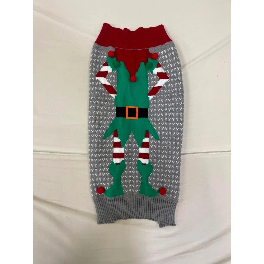 Christmas Elf Dog Sweater Grey Red Green Holiday Pet Clothes 2XL
